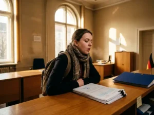 International student exhaling with relief at a Berlin registration office, stamped Anmeldung document on the counter, warm sunlight through tall windows.