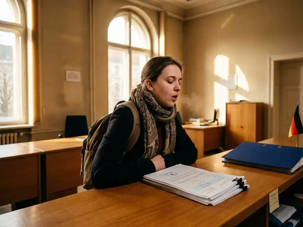 International student exhaling with relief at a Berlin registration office, stamped Anmeldung document on the counter, warm sunlight through tall windows.