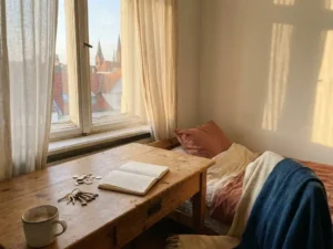Cozy Berlin apartment desk with open notebook, euro coins, and keys in warm afternoon light overlooking city rooftops.