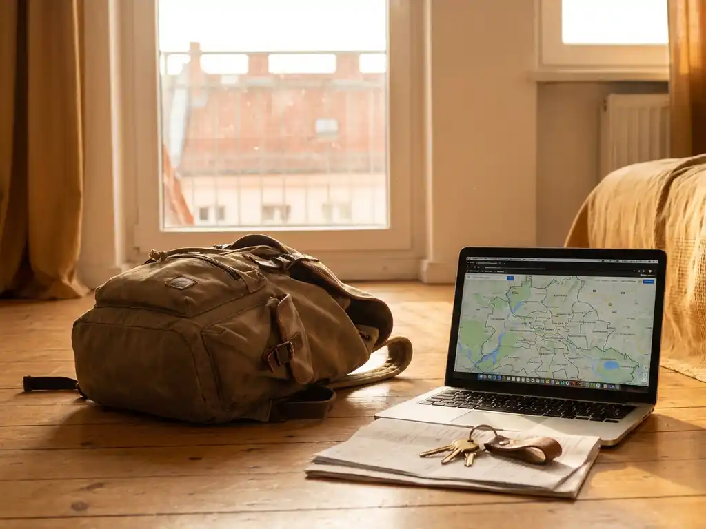 Worn travel backpack open on a Berlin apartment floor with a laptop showing a neighborhood map, keys on folded documents, golden afternoon light.