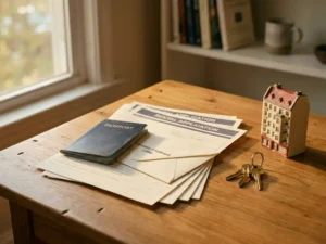 Passport, university enrollment letter, and rental application forms stacked on a wooden desk beside apartment keys and a Berlin building model.