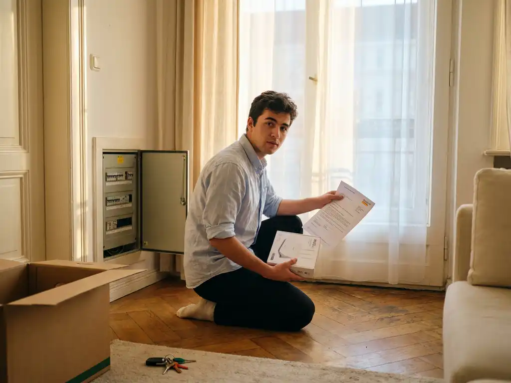 Young international student kneeling by an open electrical panel in a Berlin apartment, holding a WiFi router box and utility contract.