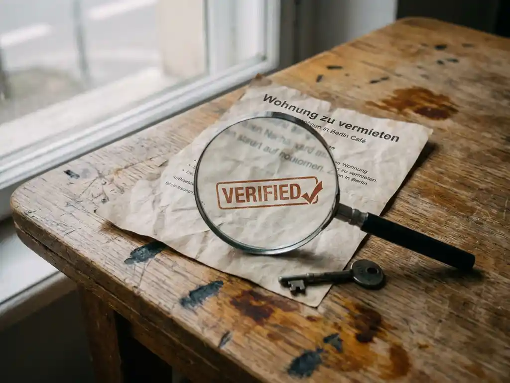 Crumpled Berlin rental listing on a café table with a magnifying glass revealing a verified stamp and a small key beside it.