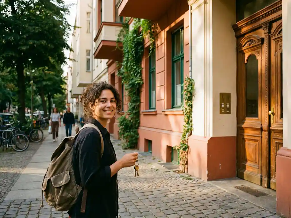International student holding keys at the entrance of a Berlin Altbau apartment building on a cobblestone street in golden afternoon light.