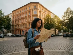 Young international student holding a worn city map at a Berlin street corner, ornate apartment facades behind her, golden afternoon light.