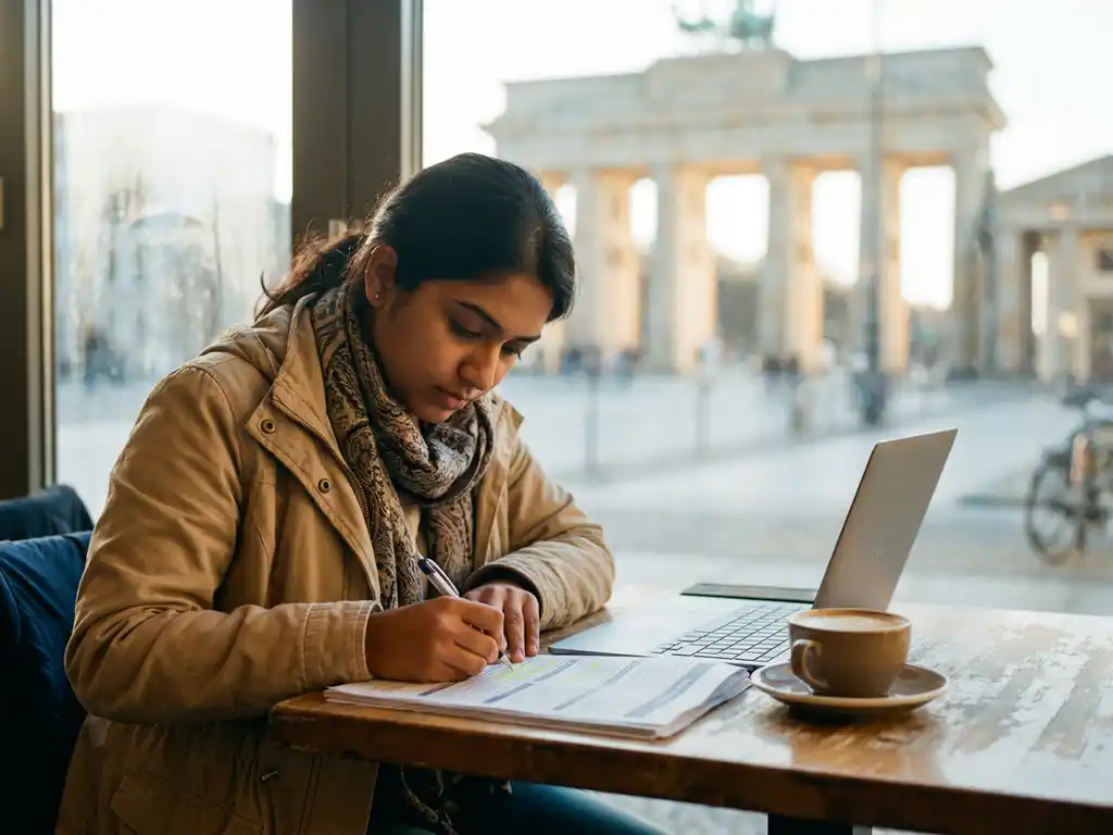 Young South Asian student reviewing printed job listings at a sunlit Berlin café, laptop and coffee nearby, Brandenburg Gate visible through the window.