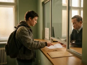 Young international student submitting a Berlin Anmeldung registration form at a district office counter with apartment key nearby.