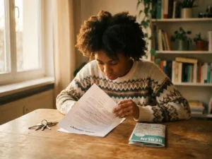 Young international student reading a printed rental contract at a wooden desk with apartment keys and a Berlin city map nearby.