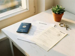 Passport, rental contract, and official form laid flat on white desk with succulent, door keys, and warm morning light for German registration.