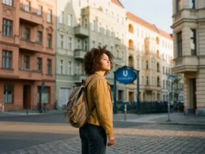 International student with backpack pausing at a sunlit Berlin cobblestone corner, ornate Altbau facades and U-Bahn sign in warm bokeh background.