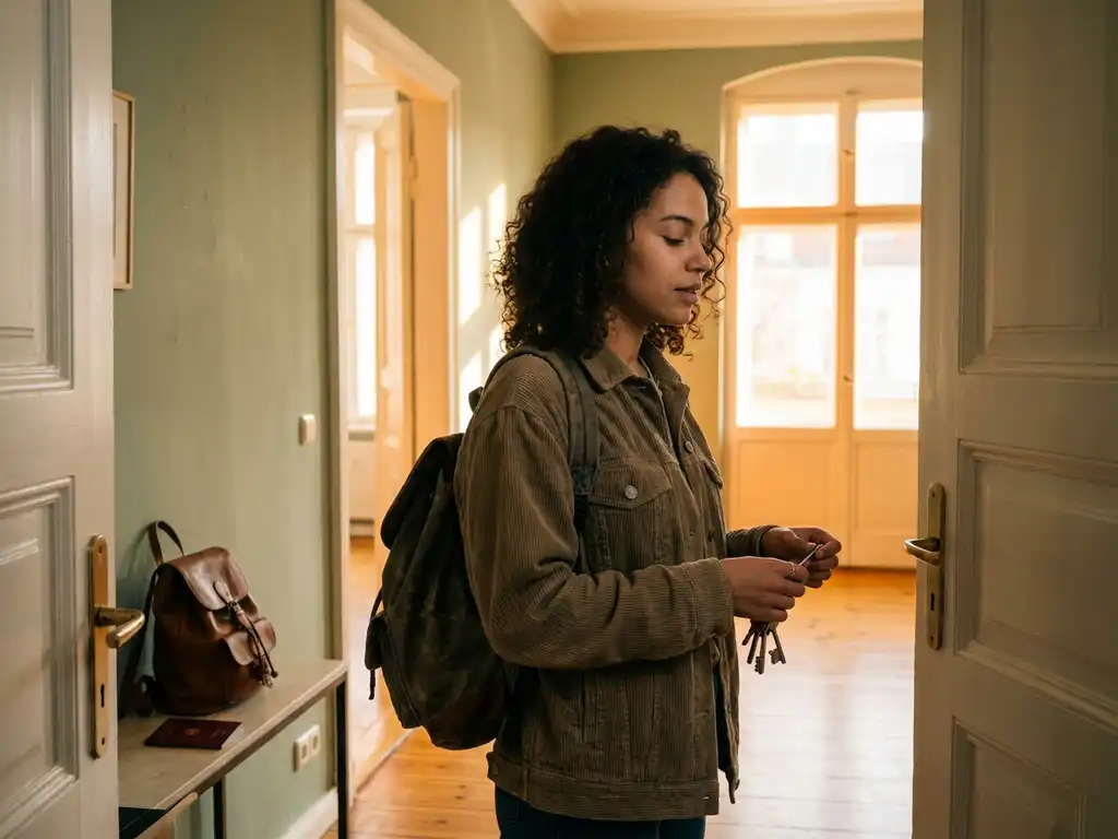 Young international student holding apartment keys at a sunlit Berlin flat doorway, with passport and backpack nearby.