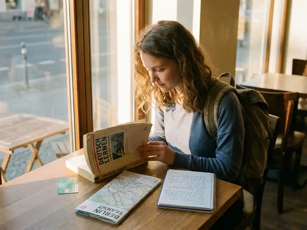 Young international student at a sunlit Berlin café with a German textbook, health insurance card, transit map, and handwritten notes.