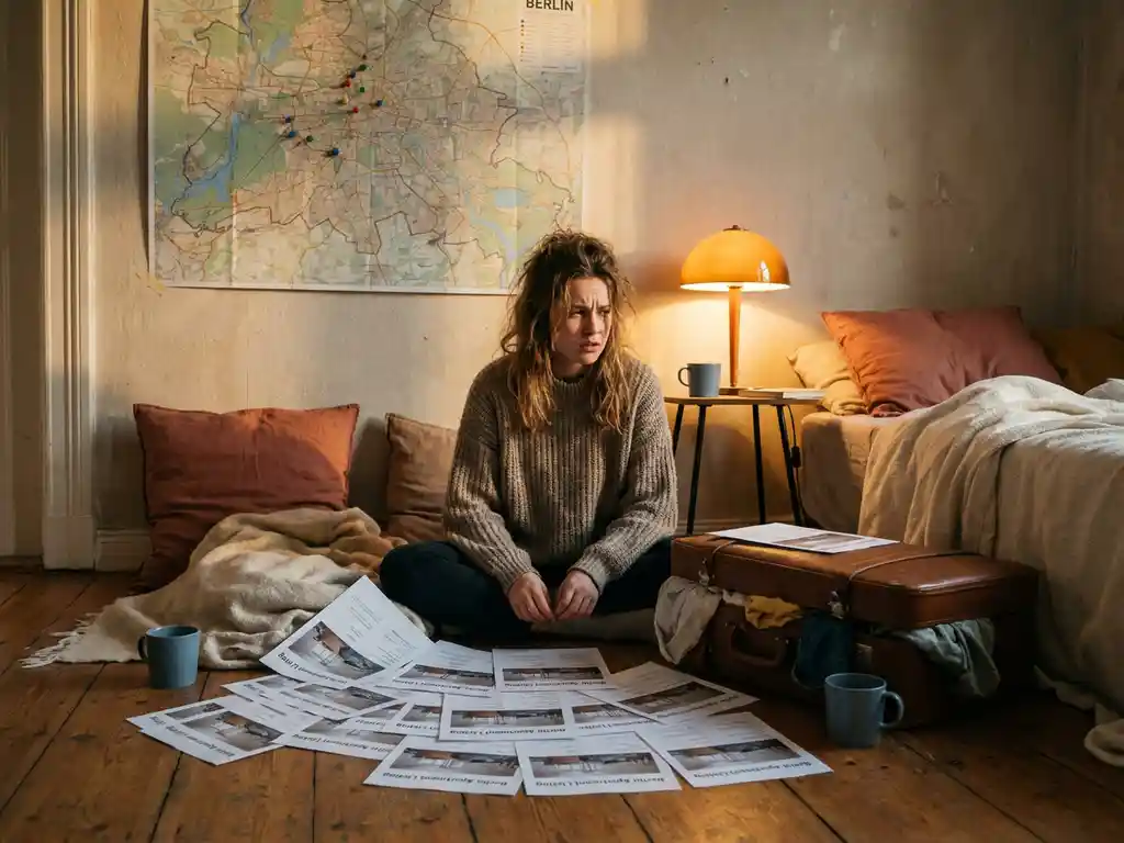 Stressed student surrounded by apartment listing printouts and a half-packed suitcase, Berlin city map pinned to wall, warm amber lamp light.