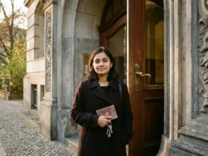 South Asian student holding a passport and apartment keys at the entrance of an ornate Berlin Altbau building.