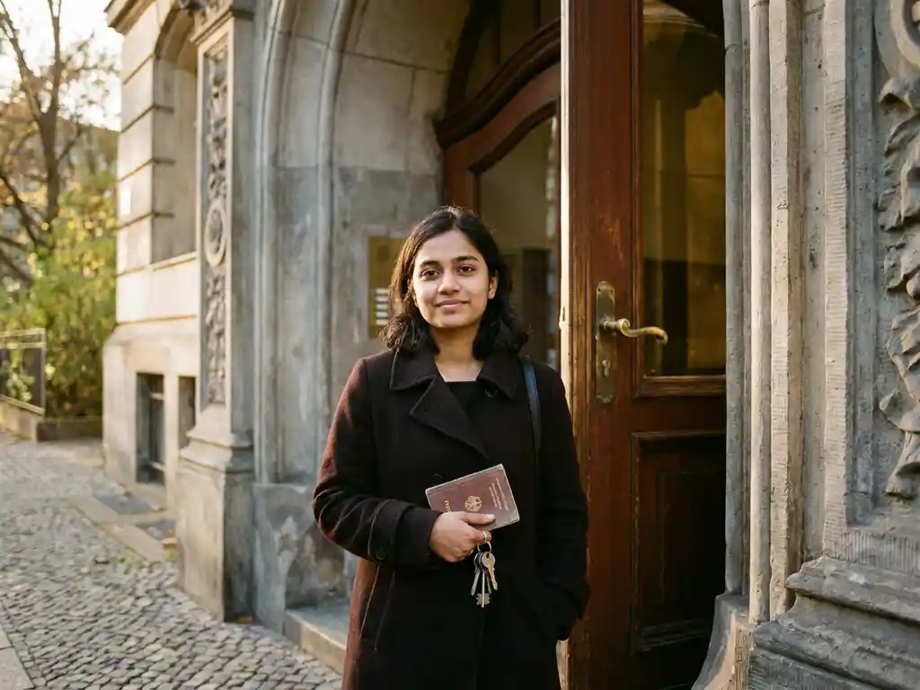 South Asian student holding a passport and apartment keys at the entrance of an ornate Berlin Altbau building.