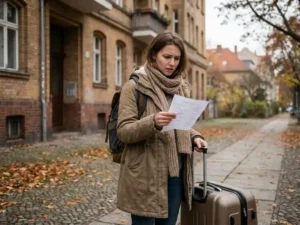 Young international student with suitcase outside a Berlin apartment building, studying a handwritten address list with a puzzled expression on an autumn cobblestone street.