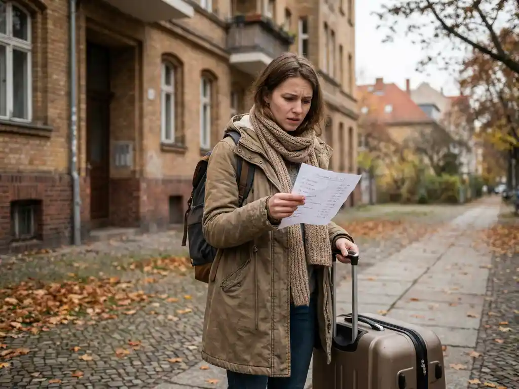 Young international student with suitcase outside a Berlin apartment building, studying a handwritten address list with a puzzled expression on an autumn cobblestone street.