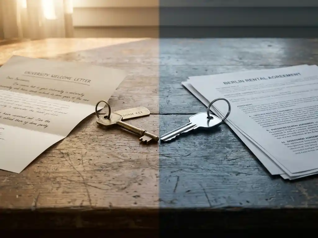 Wooden desk with a university welcome letter and dorm key beside a Berlin rental contract and apartment key meeting at center, warm golden light.