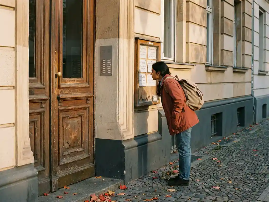 Young South Asian woman with backpack reading a rental notice board at a Berlin Altbau building entrance in warm autumn afternoon light.