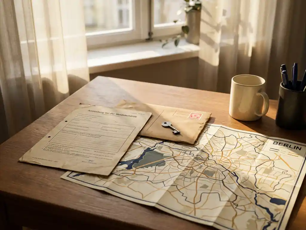 German Anmeldung registration form on a bureaucratic desk with a stamped envelope, apartment key, and Berlin city map in warm afternoon light.