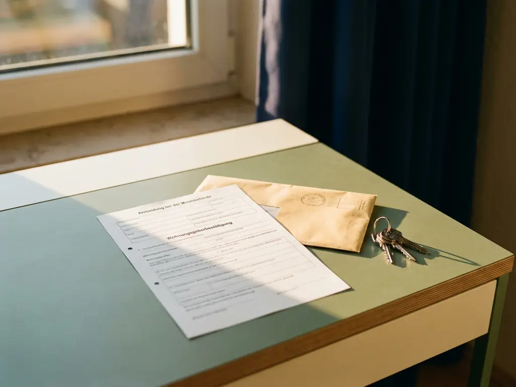 German Anmeldung registration form on a Berlin apartment desk beside a stamped envelope and apartment keys, warm afternoon light.