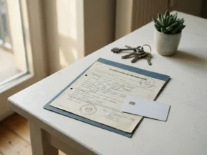 Worn German Anmeldung registration form and blank bank card on a white desk with keys and a small succulent in soft natural light.