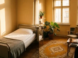 Sunlit Berlin apartment contrasting a neatly made single bed with an cozy flat corner featuring a warm rug and potted plant in golden afternoon light.