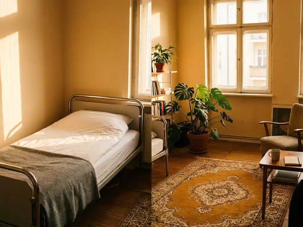 Sunlit Berlin apartment contrasting a neatly made single bed with an cozy flat corner featuring a warm rug and potted plant in golden afternoon light.