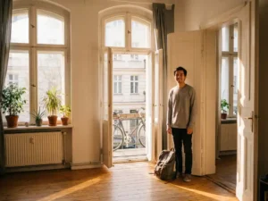 Young international student arriving at a sunlit Berlin apartment doorway, backpack at feet, wooden floors and green houseplants visible inside.