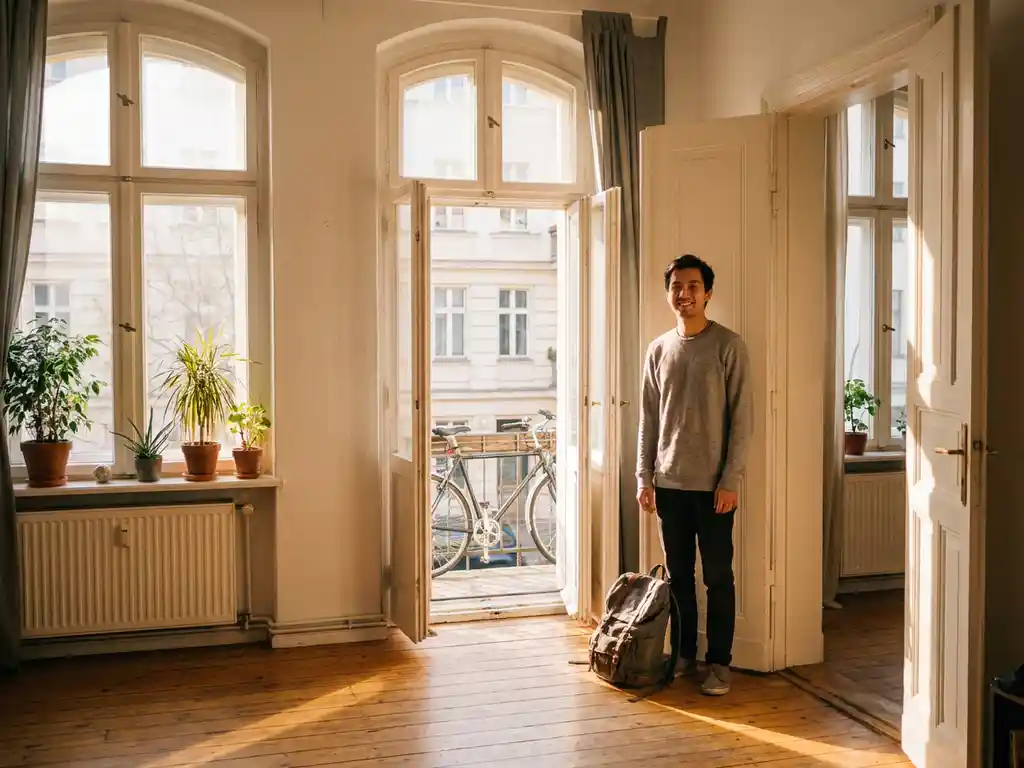 Young international student arriving at a sunlit Berlin apartment doorway, backpack at feet, wooden floors and green houseplants visible inside.