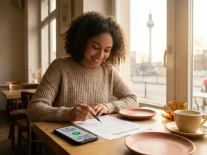Young international student reviewing a Berlin apartment lease at a sunlit café, smartphone with translation app nearby, TV Tower visible through window.