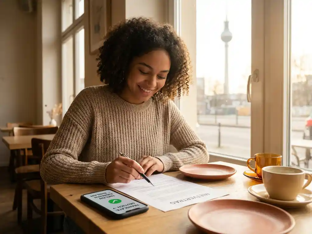 Young international student reviewing a Berlin apartment lease at a sunlit café, smartphone with translation app nearby, TV Tower visible through window.