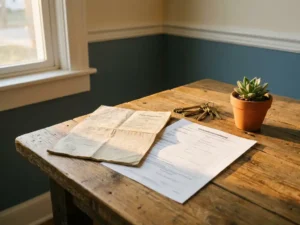 Worn German registration document beside a new address form on a wooden desk with keys and a succulent in soft Berlin apartment light.