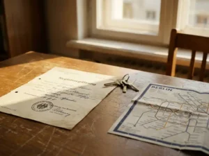 Official German Anmeldung registration document on a wooden desk with apartment keys and folded Berlin city map in warm afternoon light.
