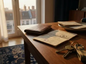 Worn leather passport and German registration documents on a Berlin apartment desk, house keys beside them, soft morning light illuminating rooftop silhouettes.