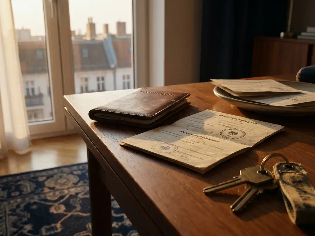 Worn leather passport and German registration documents on a Berlin apartment desk, house keys beside them, soft morning light illuminating rooftop silhouettes.