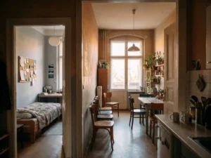 Cozy Berlin apartment hallway connecting a narrow dorm room with university notice board to a warm shared kitchen with mismatched chairs, bathed in afternoon light.