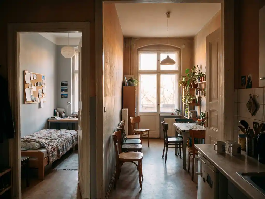 Cozy Berlin apartment hallway connecting a narrow dorm room with university notice board to a warm shared kitchen with mismatched chairs, bathed in afternoon light.