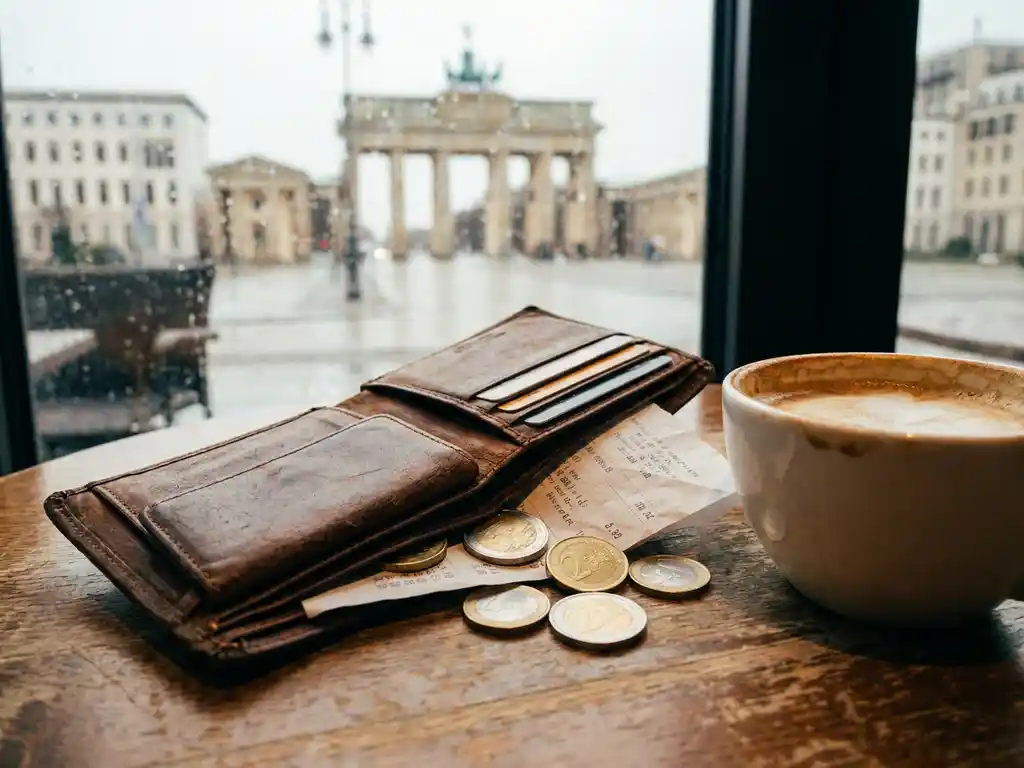 Worn open leather wallet with euro coins and grocery receipt beside a coffee cup, Brandenburg Gate blurred through a Berlin café window.