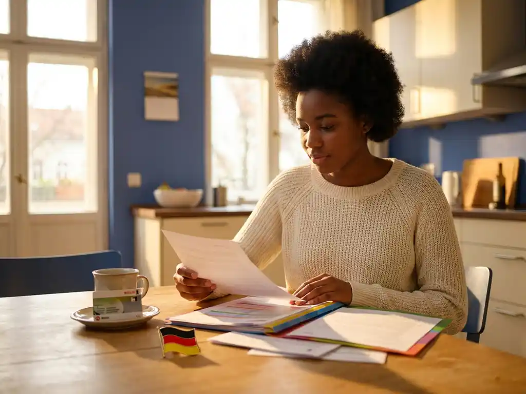 Young international student reviewing official documents and welcome folder at a Berlin apartment kitchen table, with a German flag pin and transit card nearby.