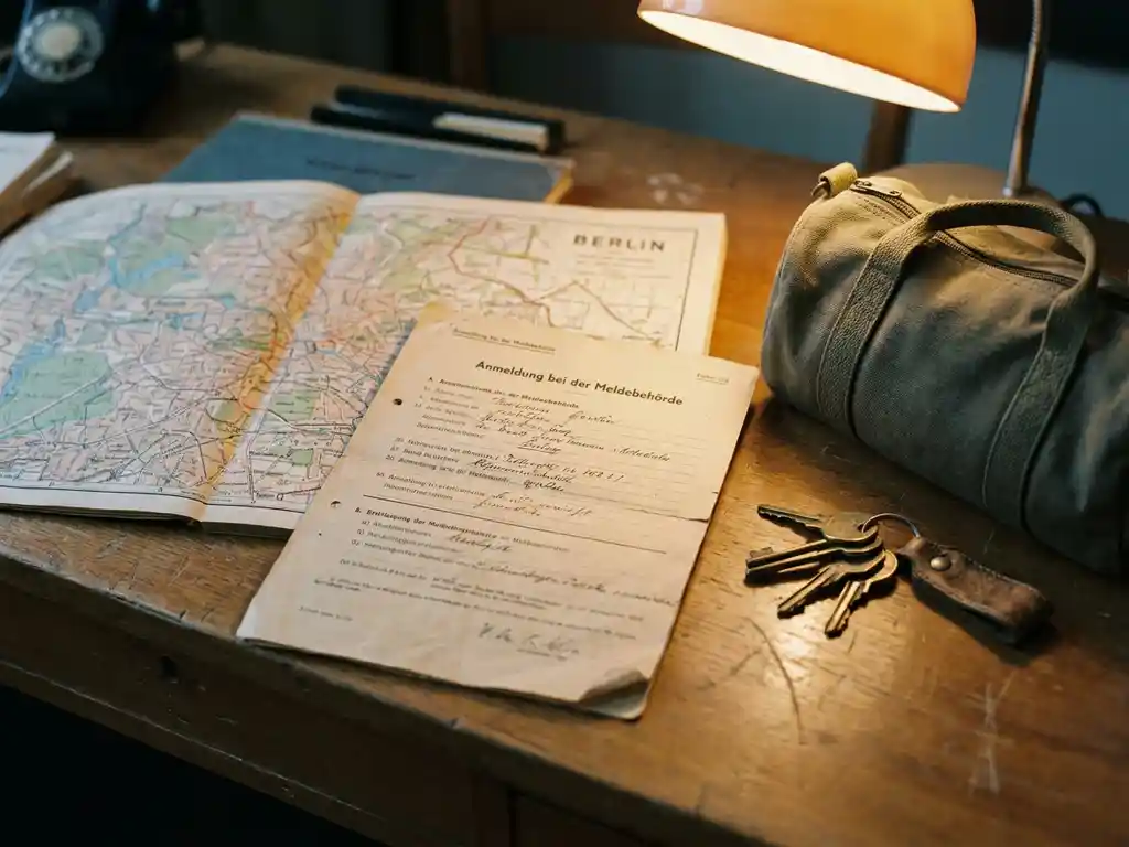 Worn German registration form on a wooden desk beside a packed travel bag, keys, and an open Berlin city map in warm amber light.