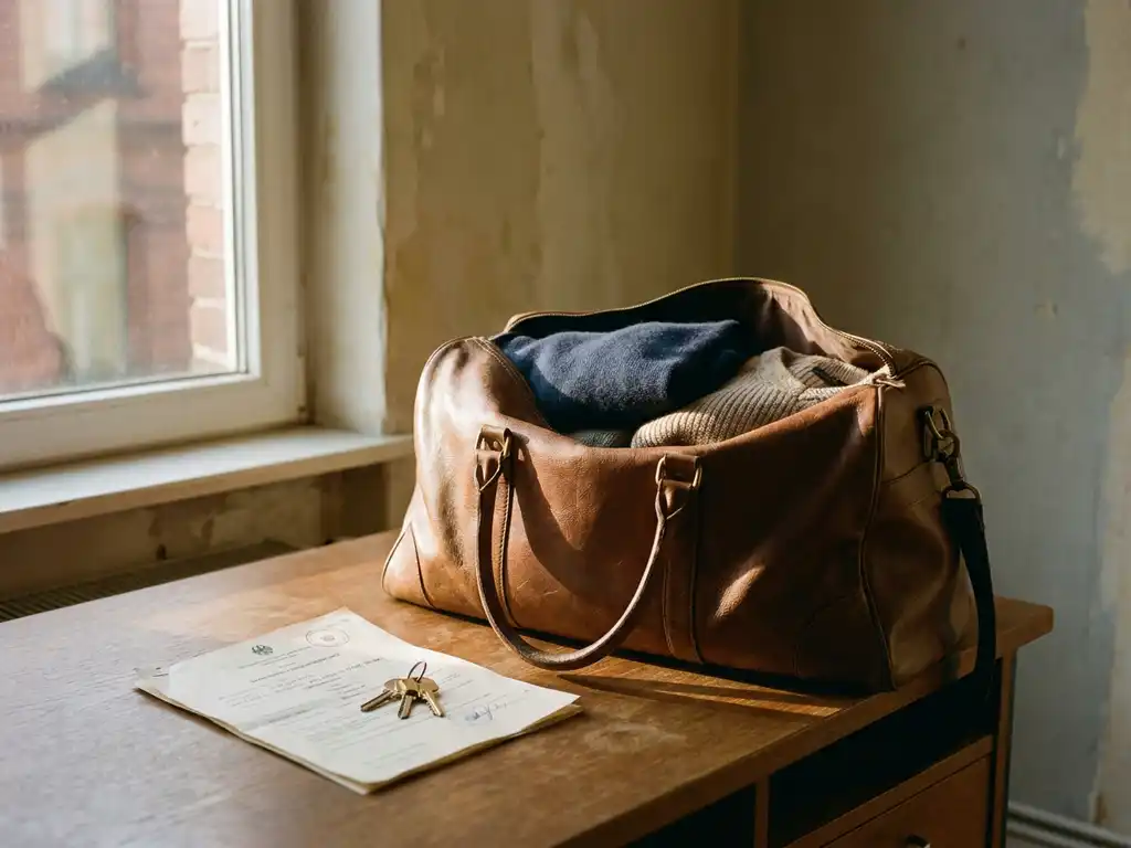 Worn leather travel bag half-packed with folded clothes beside an official German document and house keys on a Berlin apartment desk.