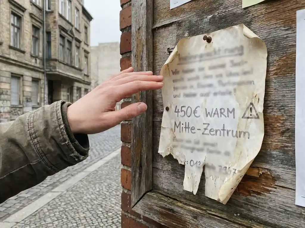 Student's hand near a suspicious rental listing pinned to a weathered Berlin apartment noticeboard, peeling edges, aged brick facade in background.