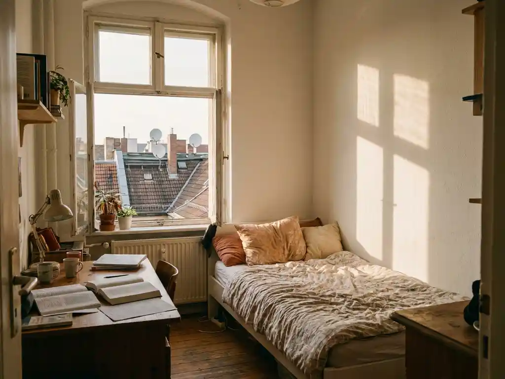 Sunlit Berlin student apartment with single bed, wooden desk with open textbooks, and rooftop skyline visible through a small window.