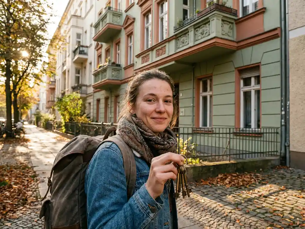 Young international student holding apartment keys outside a Berlin Altbau building, autumn leaves on cobblestone street in warm golden afternoon light.