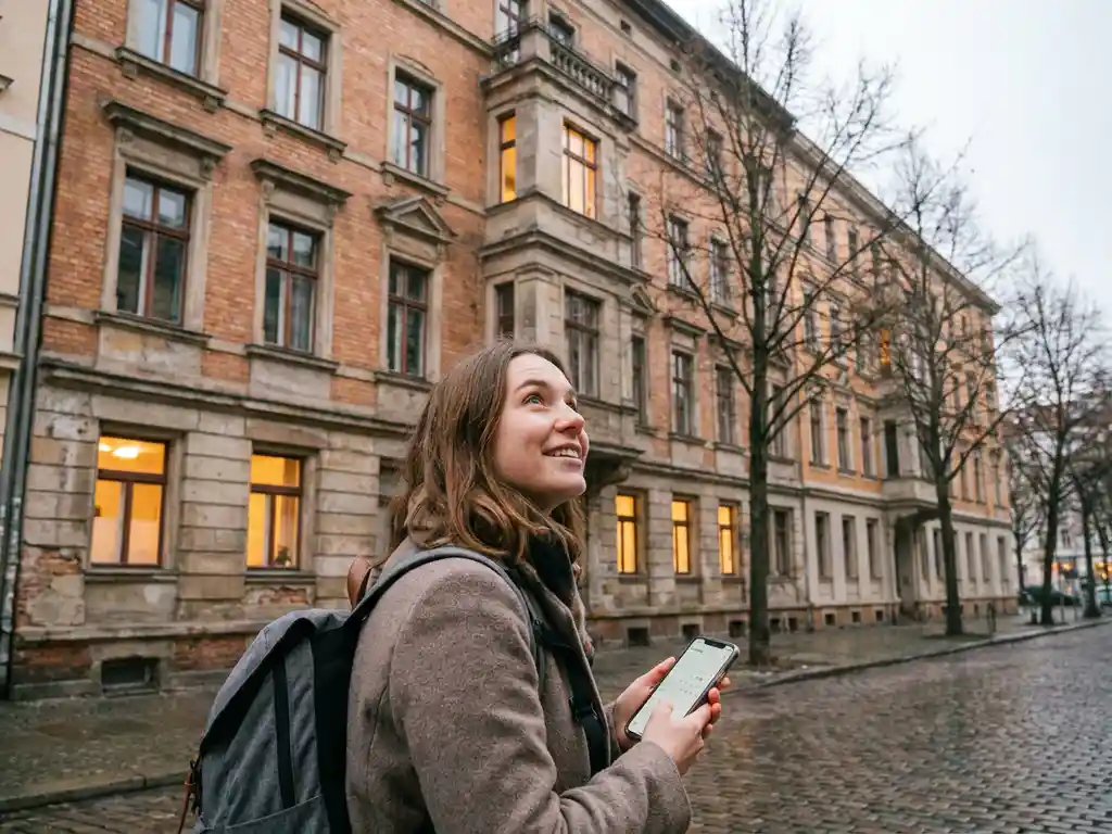 International student checking phone calendar outside a Berlin Altbau apartment building in early winter, bare trees lining cobblestone street behind her.
