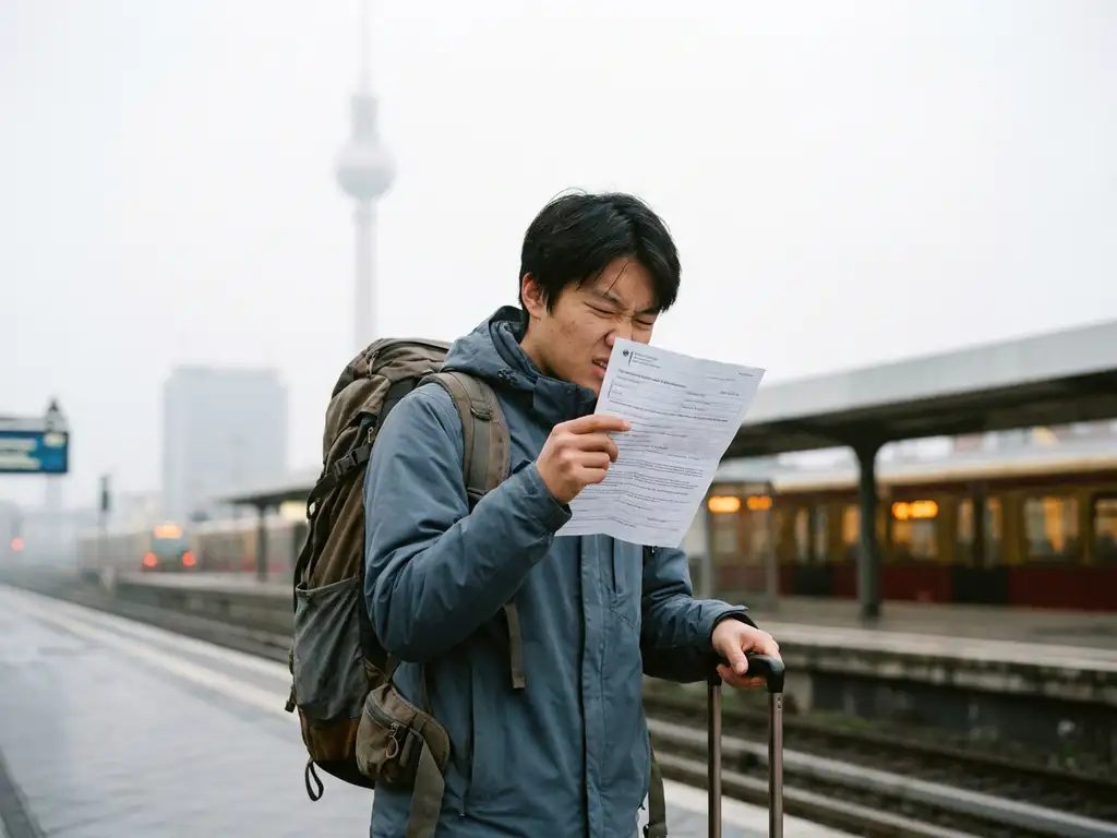 Young international student reviewing a German bureaucracy form at a Berlin S-Bahn platform, packed suitcase nearby, Fernsehturm visible through morning mist.