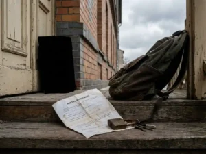 Crumpled unsigned rental contract and padlock on a Berlin apartment doorstep with a student backpack leaning against the door.