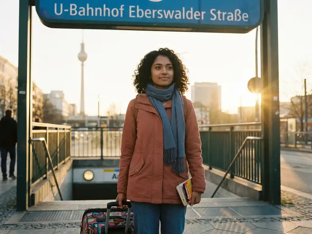 Young South Asian woman at a Berlin U-Bahn entrance holding a German phrasebook, colorful suitcase beside her, golden afternoon light on the city skyline.