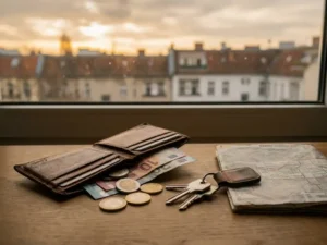 Open leather wallet with euro coins, banknotes, apartment keys, and a Berlin transit map on a wooden desk, warm morning light, rooftops in background.